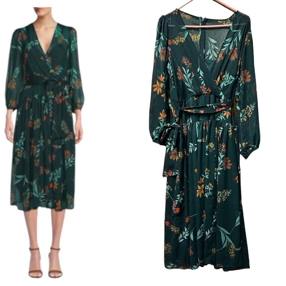 Calvin Klein green floral dress size medium women chiffon with belt